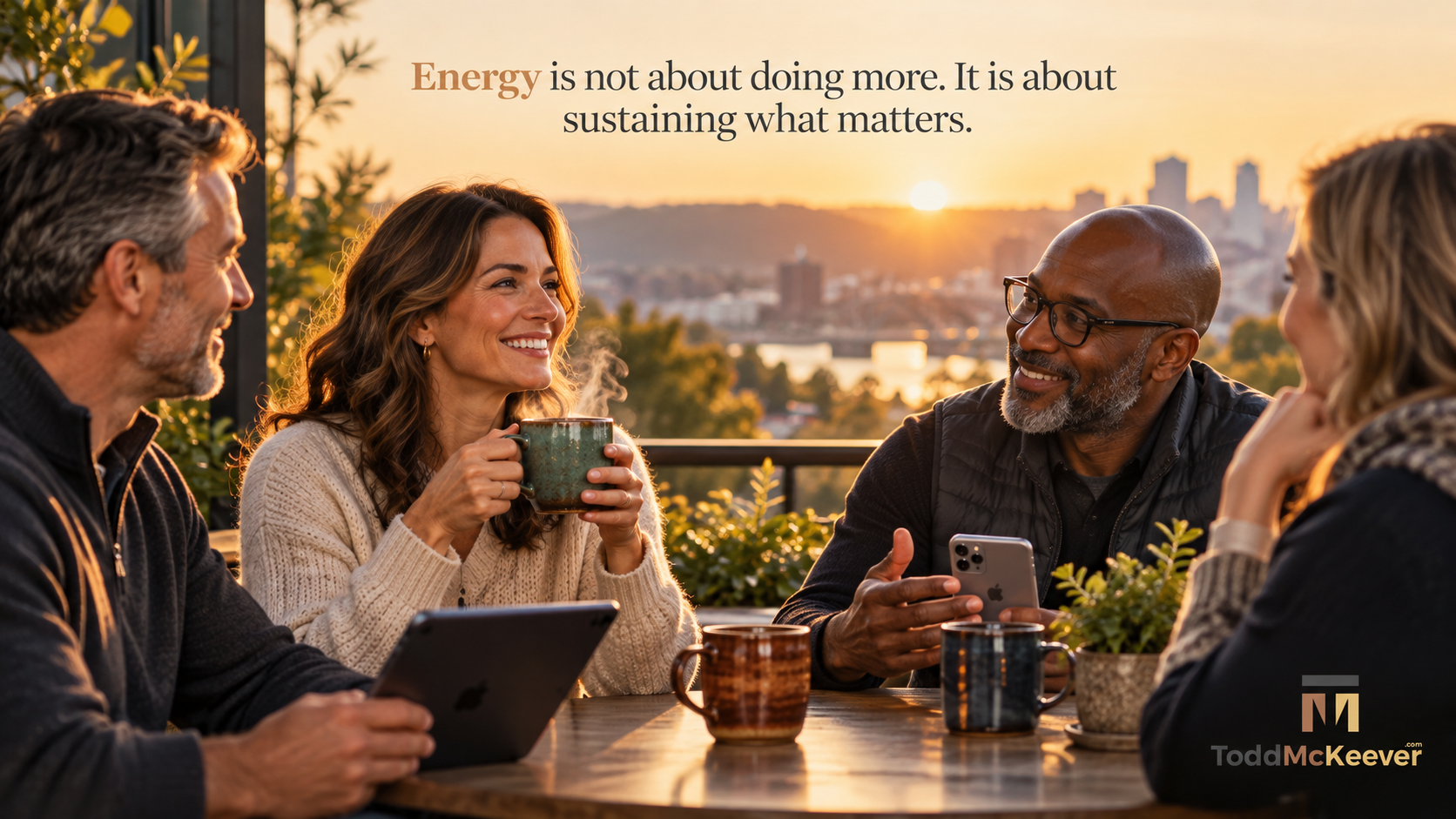 Four people talking over coffee on a terrace at sunrise, with the headline: Energy is not about doing more. It is about sustaining what matters.