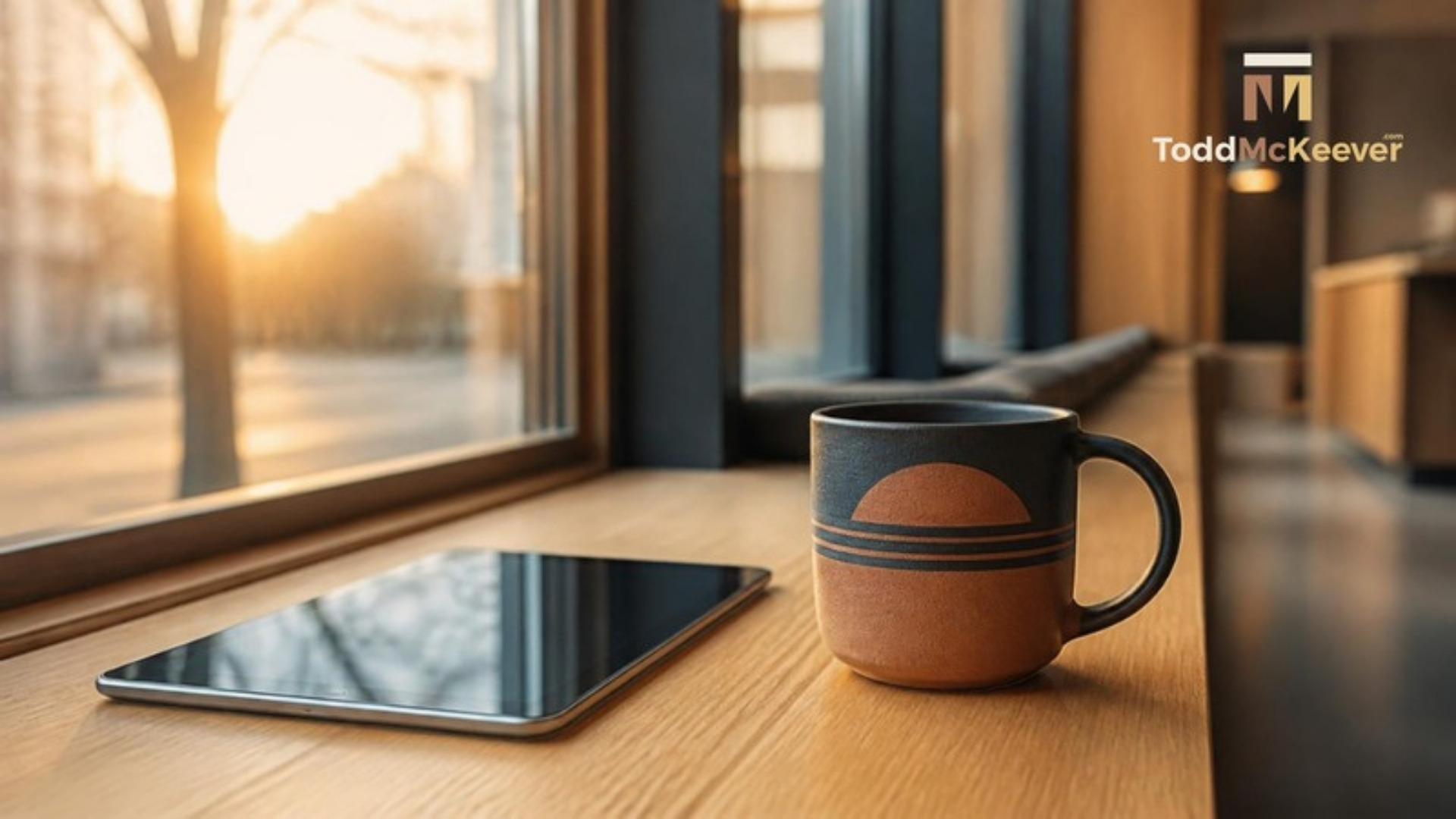 Modern coffee shop window seat at sunrise with an iPad and a handmade terracotta and charcoal mug, with the Todd McKeever logo in the upper right