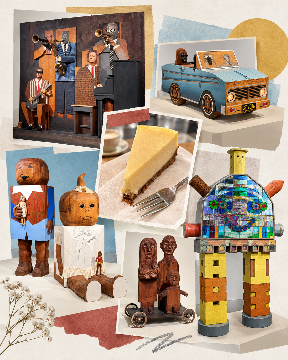 Editorial collage of photographs from a museum visit, including Marisol sculptures, a sculptural car, wooden figures and a slice of cheesecake.