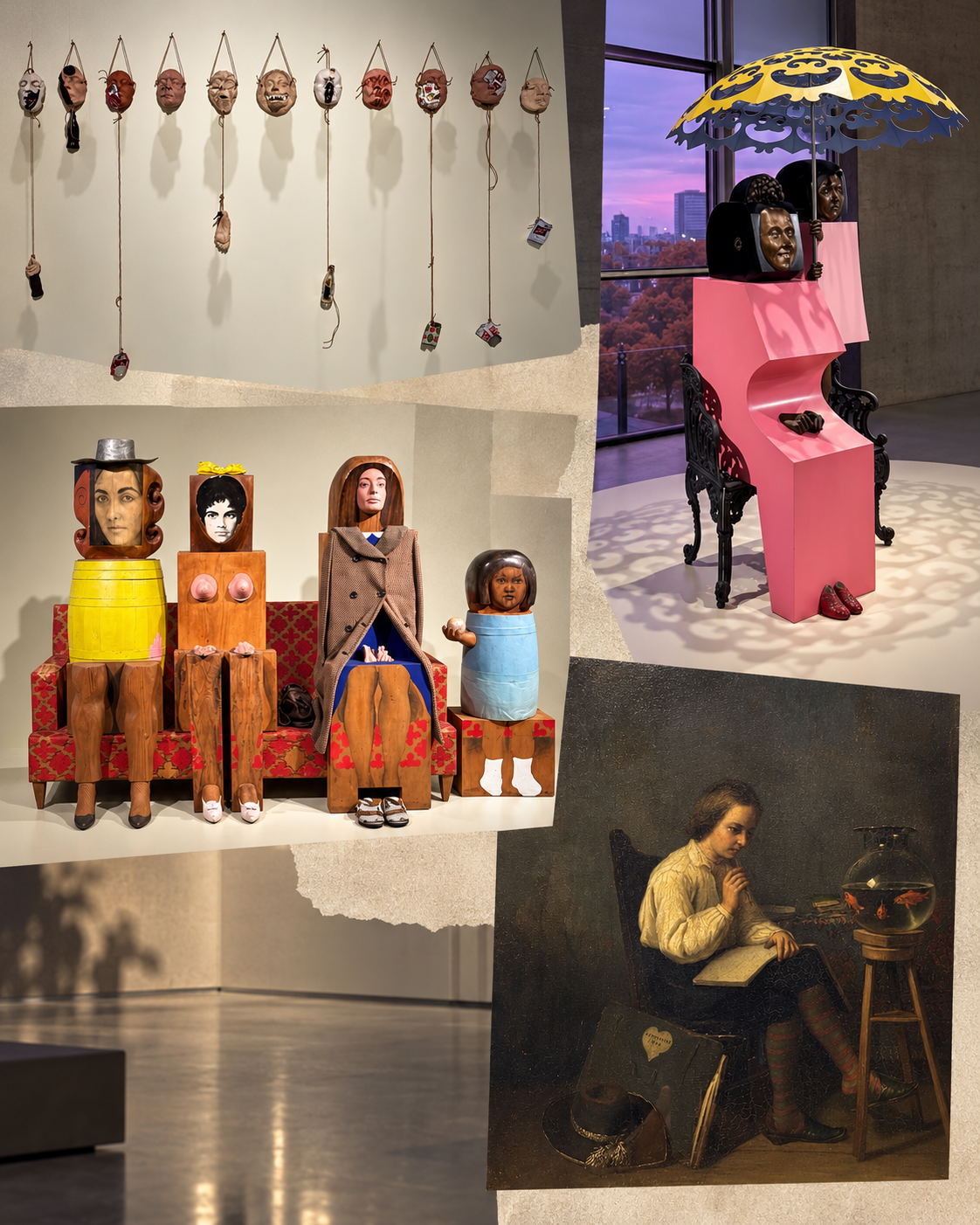 Editorial museum collage with hanging masks, blocky seated figures, a pink umbrella sculpture and a quiet painting of a person beside a fishbowl.