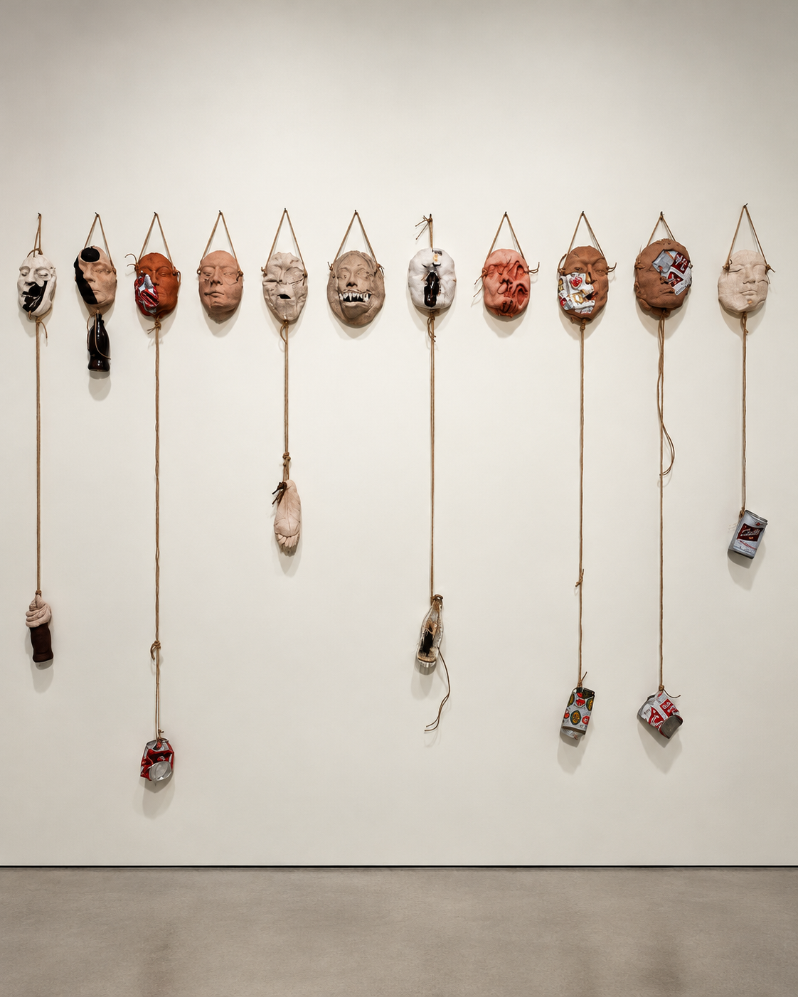 A row of sculptural masks hanging from cords against a pale museum wall, with small found objects suspended below.