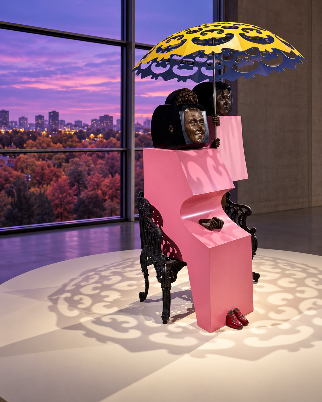 A pink sculptural figure beneath an ornate yellow and dark umbrella inside a museum, with twilight visible through the windows.